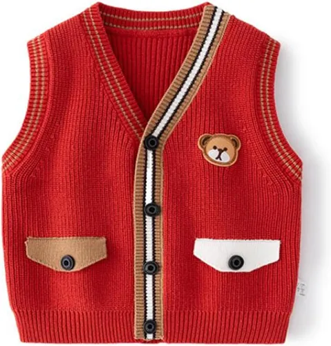 Vista 4 de Chaleco de suéter unisex para bebé con cuello en V y mangas sin costuras de algodón suave Cárdigan Oso Albaricoque