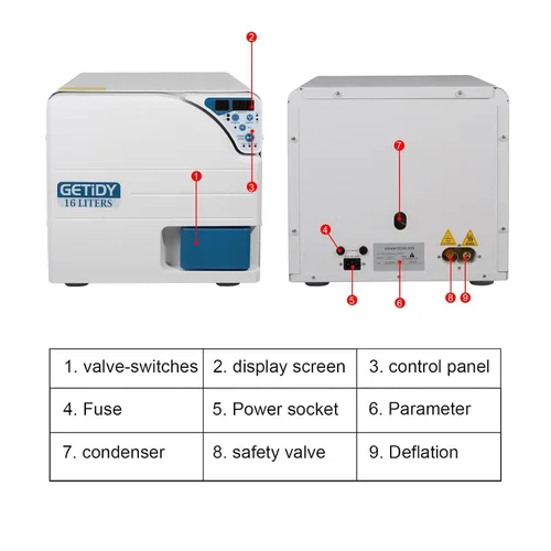 Vista 6 de Getidy 16L 1200W Autoclave esterilizar 304 accesorios completos de acero inoxidable AC110V con pantalla LED digital Sistema de bloqueo de doble