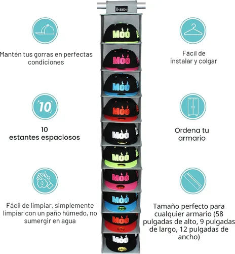 Vista 5 de VAESIDA Estante para Sombreros Colgante de 10 Estantes para Closet/Organizador para Almacenamiento - Mejor Soporte para Gorra de Béisbol, Gris