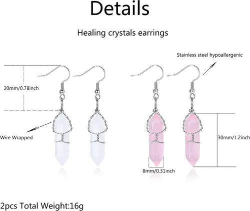 Vista 6 de Juego de aretes de cristales curativos para mujeres y niñas, puntos hexagonales, piedras de cuarzo natural real, aretes colgantes con gancho