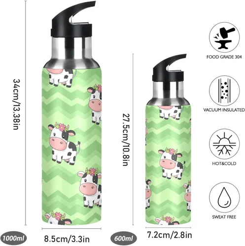 Vista 2 de Stainless Steel Vacuum Insulated Water Bottle 20 Oz, Leakproof Water Bottles for Gym Outdoor Travel School, Cute Cartoon Cows Green