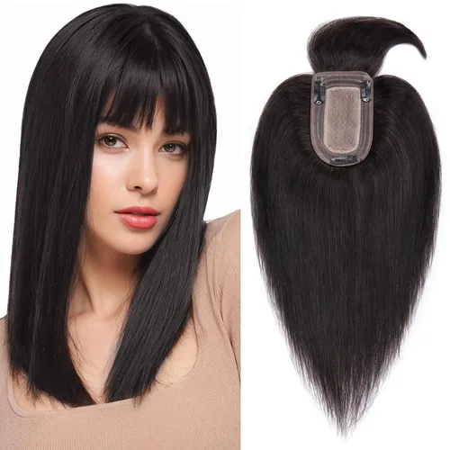Vista 24 de Benehair Peluca de cabello con clip con flequillo, peluca secreta de cabello 100% humano, postizo superior con flecos, peluca de repuesto