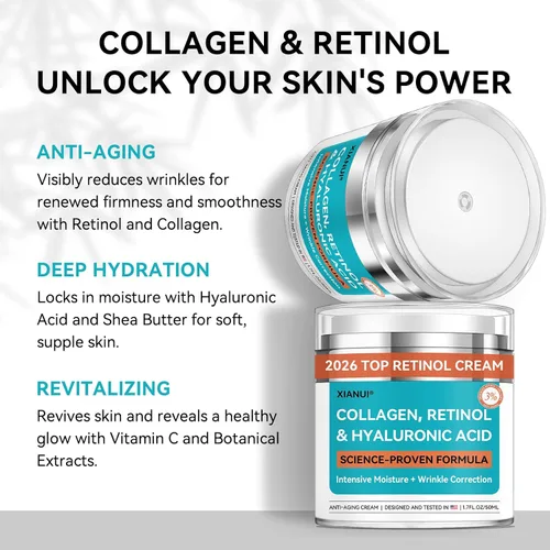 Vista 3 de Crema facial de retinol con colágeno y ácido hialurónico, hidratante facial antienvejecimiento y reafirmante para mujeres y hombres, crema de noche