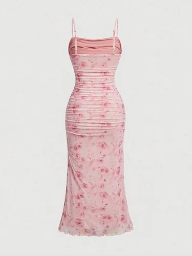 Vista 2 de GORGLITTER Vestido midi ajustado floral fruncido para mujer, de malla, sin mangas, con cola de pescado