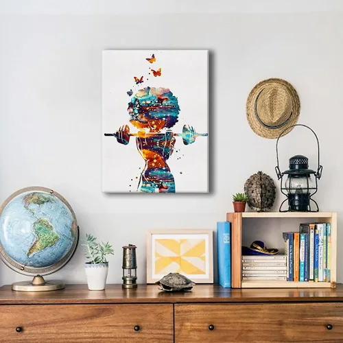 Vista 5 de Hijie Póster de acuarela de niña de fitness para decoración del hogar, dormitorio, gimnasio, lienzo para levantamiento de pesas, pintura de pared