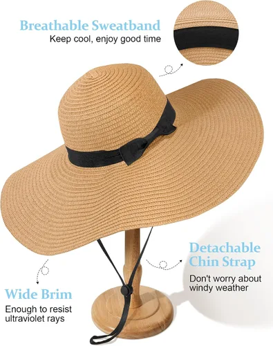 Vista 2 de Sombreros de sol flexibles para mujer, sombrero de playa de paja de ala Caqui
