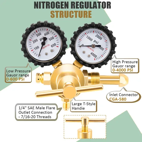 Vista 2 de KAKO Regulador de nitrógeno HVAC con manguera de 60", 0-600PSI, salida de 1/4", entrada CGA580, 0-4000PSI