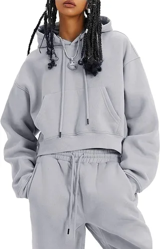 Vista 12 de COZYPOIN Conjunto de 2 piezas de forro polar para mujer, sudadera corta y pantalones con capucha Beige