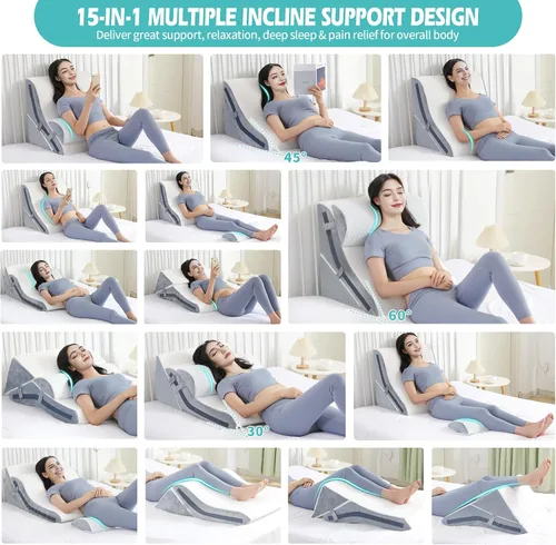 Vista 5 de Almohada de cuña para dormir, juego de almohada ortopédica de cuña de cama, almohadas de cuña de espuma viscoelástica ajustables 15 en 1 después