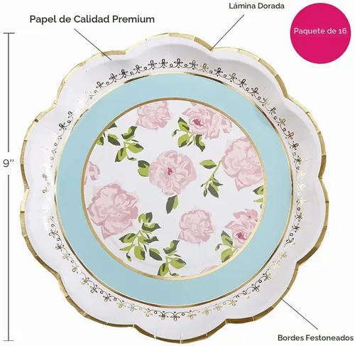 Vista 6 de Kate Aspen Vintage Floral Tea Party - Platos de papel floral de 9 pulgadas, color azul (juego de 16), talla única, (28590NA)