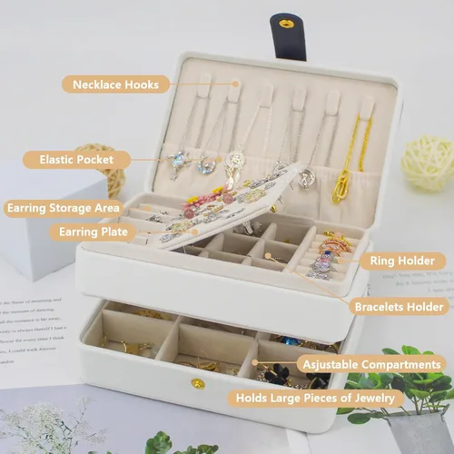 Vista 4 de KOOAAICCHI Joyero pequeño, organizador de joyas de viaje, cajas de joyería portátiles para mujeres y niñas, regalo de doble capa, soporte de joyería