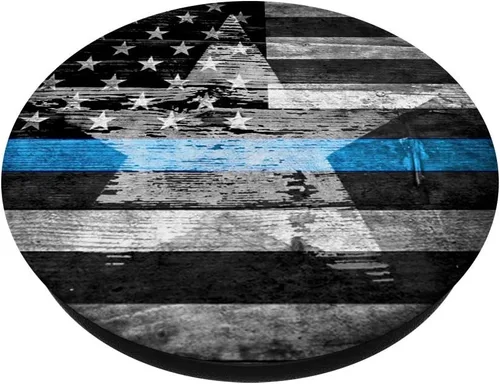 Vista 2 de Calcetines de madera de grano con bandera americana. Sheriff Thin Blue Line PopSockets Grip and Stand for Phones and Tablets