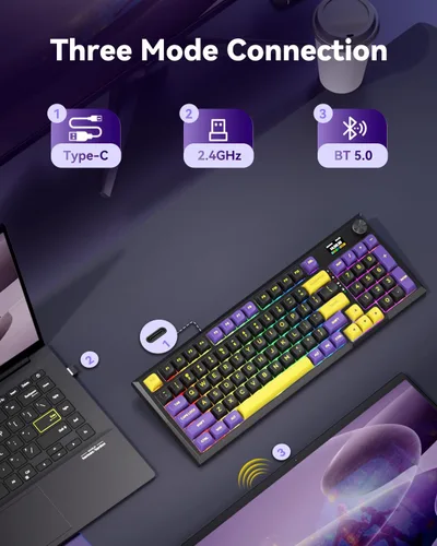 Vista 2 de Redragon K725LBY Teclado mecánico inalámbrico con pantalla y perilla, trimodo BT5.02.4GUSB-C Junta teclado para computadora, juegos de computadora