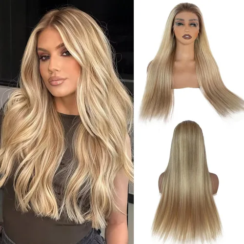 Vista 9 de Pelucas de cabello humano lacio con encaje frontal, color castaño cenizo degradado a rubio 613 con raíces oscuras 13x6 HD, peluca frontal de encaje