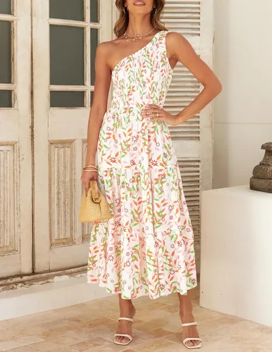 Vista 2 de ZESICA Vestido largo midi de verano bohemio con estampado floral de un hombro, sin mangas, fruncido con volantes, escalonado, para playa