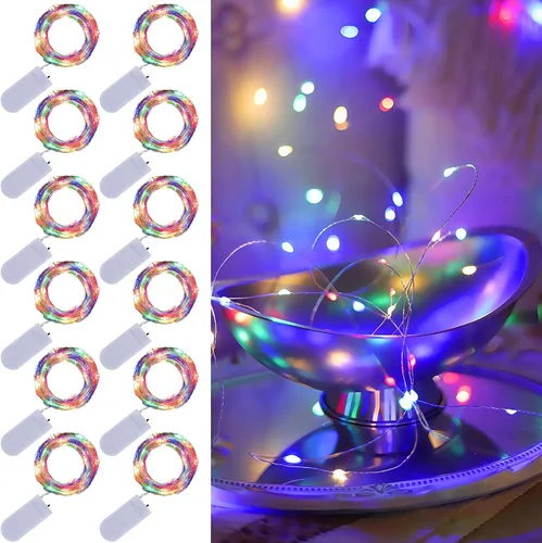 Vista 11 de WATERGLIDE Paquete de 12 luces de hadas que funcionan con pilas (incluidas), 20 miniluces LED de 7 pies, luces impermeables de alambre plateado