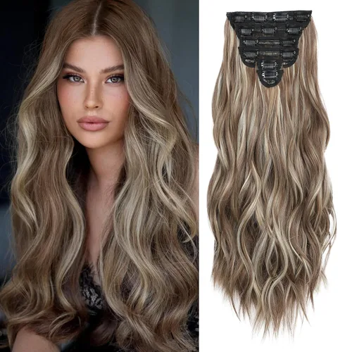 Vista 17 de Extensiones de cabello con clip para mujer, mezcla negra oscura con reflejos marrón claro, 20 pulgadas, 6 piezas, extensiones de cabello largo