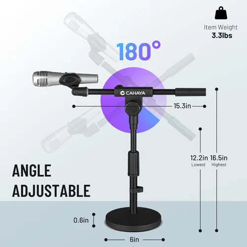 Vista 5 de CAHAYA Soporte de micrófono ajustable: soporte de micrófono con brazo de brazo de brazo de escritorio con 2 clips de micrófono Base de metal