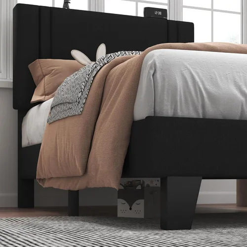Vista 5 de Feonase Base de cama individual con plataforma doble, marco de cama individual tapizado en terciopelo, listones de madera maciza y soporte para pies