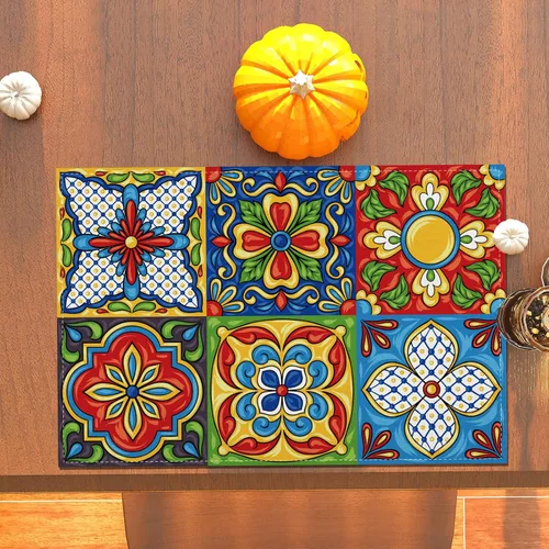 Vista 5 de Rvsticty Juego de 4 manteles individuales de talavera mexicana de cerámica del Cinco de Mayo, adornos étnicos folclóricos mexicanos, decoraciones