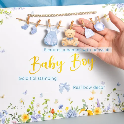 Vista 3 de Crisky Bolsa de regalo grande de 13" para niño con papel de seda, tarjeta de regalo y lazo para decoración de baby shower y cumpleaños de niño