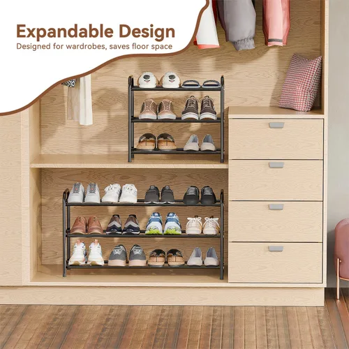Vista 4 de SUFAUY Zapatero de 3 niveles expandible de 18 a 32 pulgadas, organizador de zapatos ajustable para armario, almacenamiento de zapatos de metal