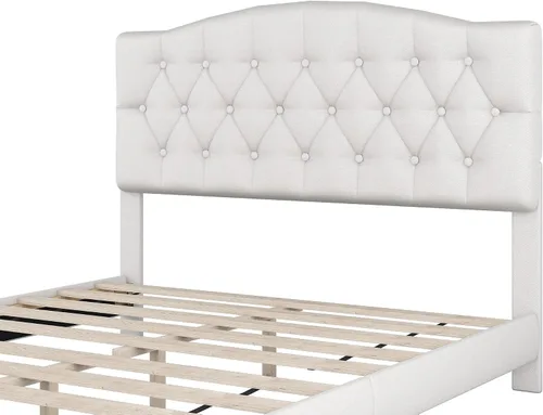 Vista 6 de DSHADE Base de cama Queen con plataforma tapizada de lino moderno, base de cama de madera maciza beige con cabecero, detalles capitoné de diamante