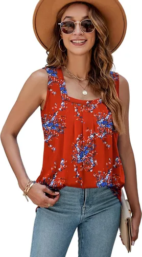 Vista 2 de AGSEEM Camisetas sin mangas de verano para mujer, ajuste holgado, plisado, cuello cuadrado, sin mangas, dobladillo curvado, fluido