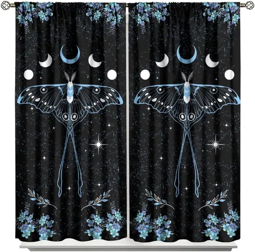 Vista 7 de Cortinas de mariposa de fantasía, polilla, sol, luna, estrella, arte floral, estampado floral, bolsillo para barra, cortinas opacas para ventana