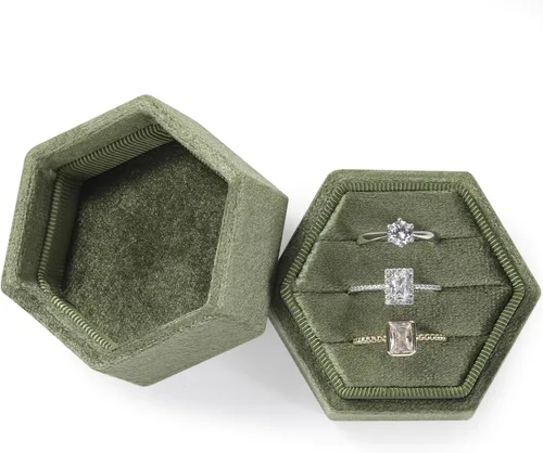 Vista 16 de WantGor Caja del anillo de la joyería del terciopelo, 3 ranuras anillo Beige
