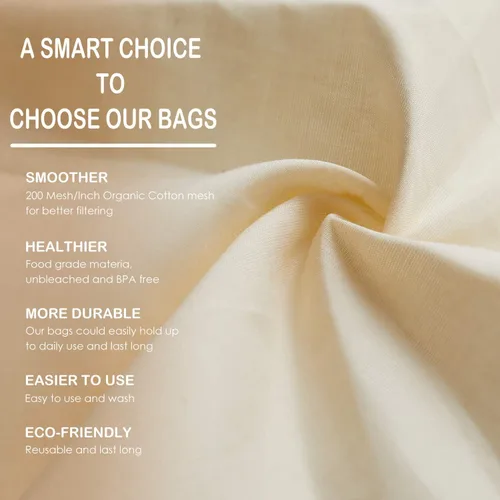 Vista 2 de 3 bolsas de leche de nuez de 12 x 12 pulgadas, 100% algodón sin blanquear, colador de alimentos reutilizable para colar leche de almendra/avena