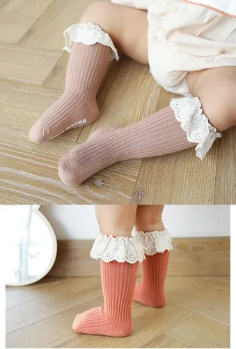 Vista 6 de Calcetines largos de uniforme para bebés y niñas calcetines de encaje con volantes para bebés y niñas calcetines altos de algodón