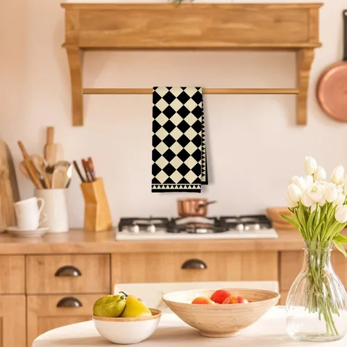 Vista 2 de Toallas de Cocina a Cuadros Neutros Bohemios, Toallas de Cocina y Té a Cuadros Beige y Negro para Decoración de Cocina, Toallas de Mano Retro