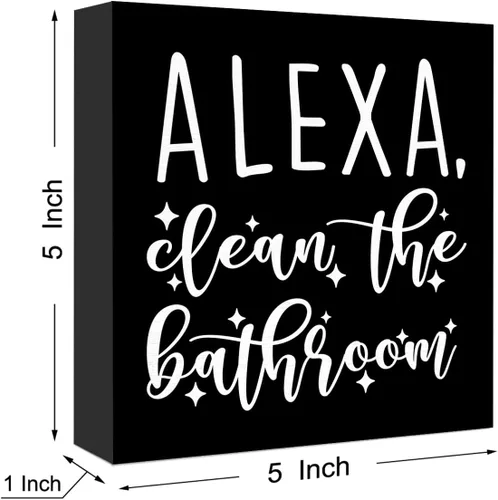 Vista 2 de SJNH Divertido letrero de madera negra para baño, estante de baño, decoración de escritorio Divertido letrero de madera negra para baño con Alexa