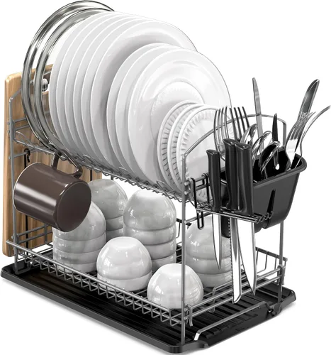 Vista 7 de Simple Houseware - Secador de platos de 2 niveles con escurridor, color bronce