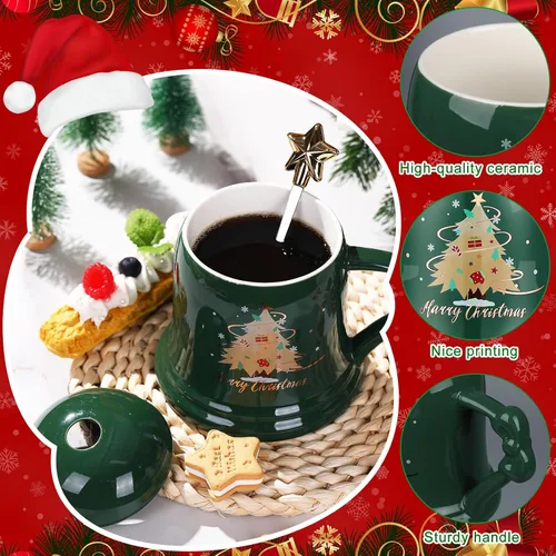 Vista 4 de Sliner Taza de Navidad de Cerámica Feliz Navidad Taza de Árbol de Navidad con Cuchara de Estrella y Tapa Taza de Santa para Regalos de Navidad