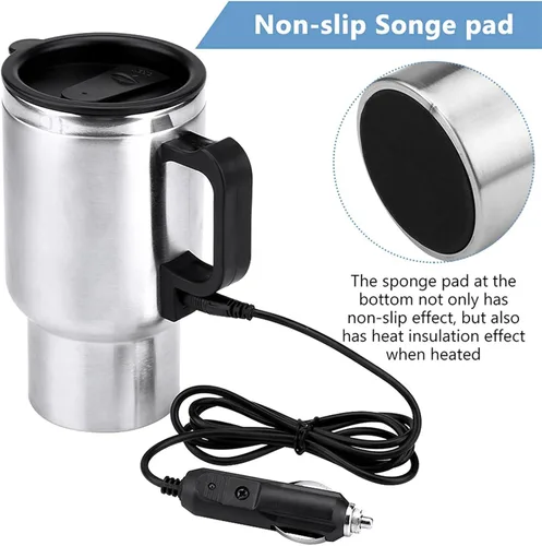 Vista 5 de Taza térmica de viaje de acero inoxidable de 12V 15.2 fl oz, taza de viaje con aislamiento eléctrico, taza de calefacción para coche, para café, té