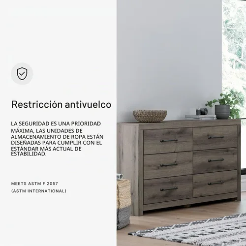 Vista 7 de Signature Design by Ashley Urbanoore - Cómoda rústica de 6 cajones con tope de seguridad, color gris