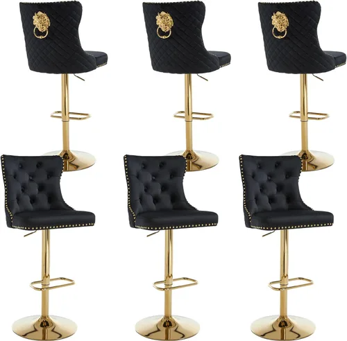 Vista 23 de Juego de 1 taburetes de bar giratorios dorados, taburetes de bar ajustables de terciopelo con respaldo copetudo, ribete de cabezas de clavos