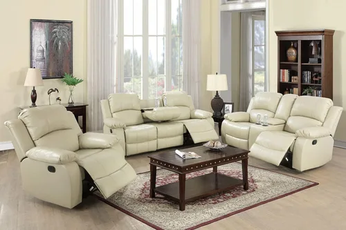 Vista 7 de Sofá reclinable manual de cuero para muebles de sala de estar, sofá reclinable de 78 pulgadas con mesa abatible, portavasos y sofá de cuero