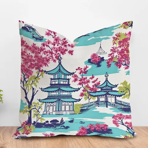 Vista 61 de ArogGeld Funda de cojín con flores verdes y blancas con flores grises y negras y hojas verdes en estilo chinoiserie, funda de almohada cuadrada