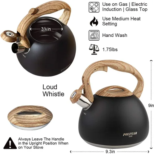 Vista 7 de POLIVIAR - Hervidor de té para estufa negro Ti, hervidor de té silbante de 2.7 cuartos de galón, tetera de acero inoxidable de grado alimenticio