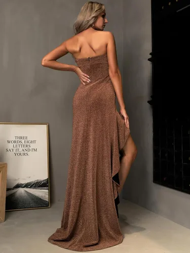 Vista 3 de Vestido de noche con hombros descubiertos y abertura para mujer