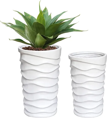 Vista 2 de LuxenHome Macetas Altas para Plantas de Exterior, Juego de 2 Macetas para Interiores y Exteriores con Orificio de Drenaje y Tapón de Goma, Macetas