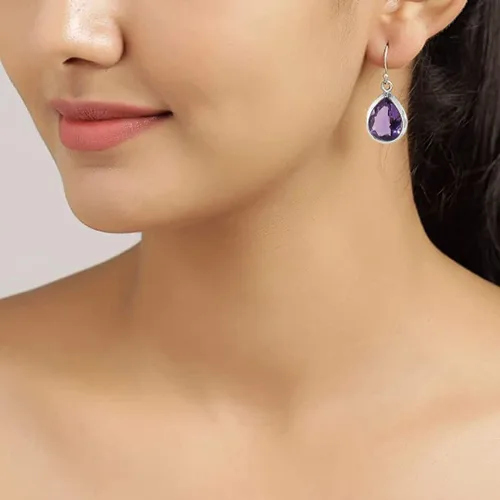 Vista 2 de Aretes de amatista de plata de ley, aretes de piedra de amatista natural, aretes colgantes de plata 925 para mujer, aretes de lágrima de piedra