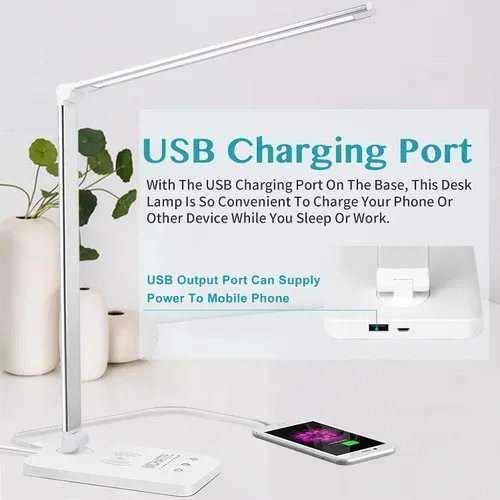 Vista 2 de Lámpara de escritorio LED con cargador inalámbrico, puerto de carga USB, luz de escritorio regulable para el cuidado de los ojos con 5 niveles