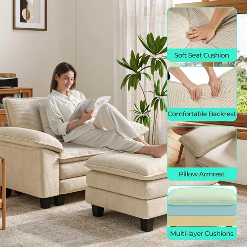 Vista 3 de LINSY HOME Cloud Sofa - Silla decorativa con tumbona otomana para interiores, sofá de pana perfecta para sala de estar, apartamento, oficina, beige