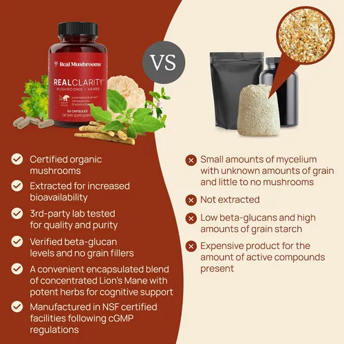 Vista 5 de Real Mushrooms RealClarity (60 unidades) y Cordyceps (120 unidades) - Suplemento de hongos para claridad mental, enfoque, energía y vitalidad