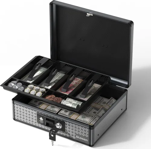 Vista 9 de Glosen Caja de efectivo con cerradura, caja de dinero con cerradura de llave y bandeja extraíble para monedas de 8.85 x 5.3 x 11.8 pulgadas