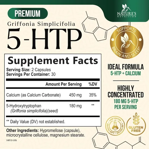 Vista 2 de 5 cápsulas de hidroxitriptófano – 180 mg por porción Suplemento 5 HTP más calcio para la salud cerebral y apoyo al sueño, fórmula extra fuerte